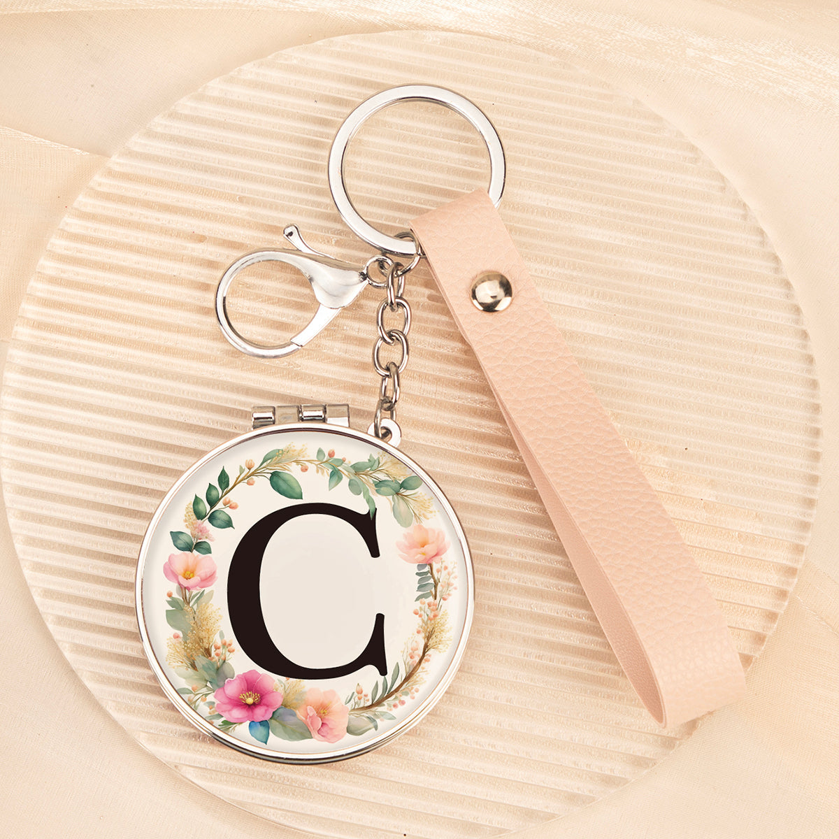 Floral initial letter C mirror keychain, original real product image