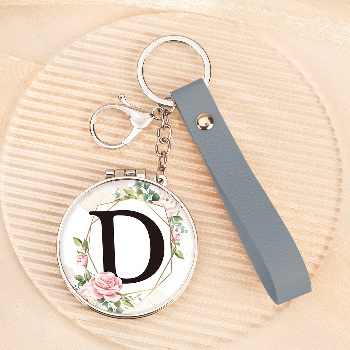 Floral initial letter D mirror keychain, original real product image