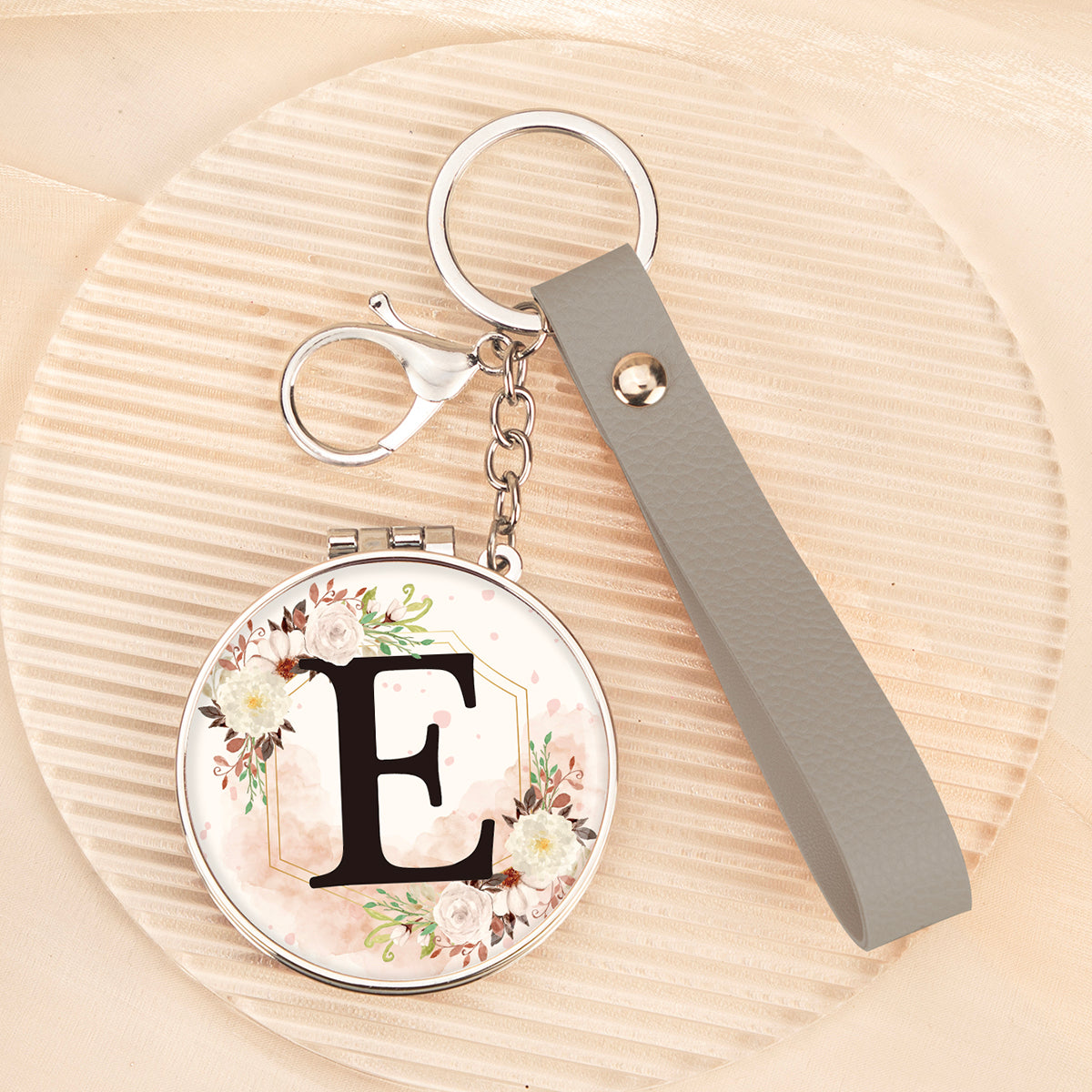 Floral initial letter E mirror keychain, original real product image