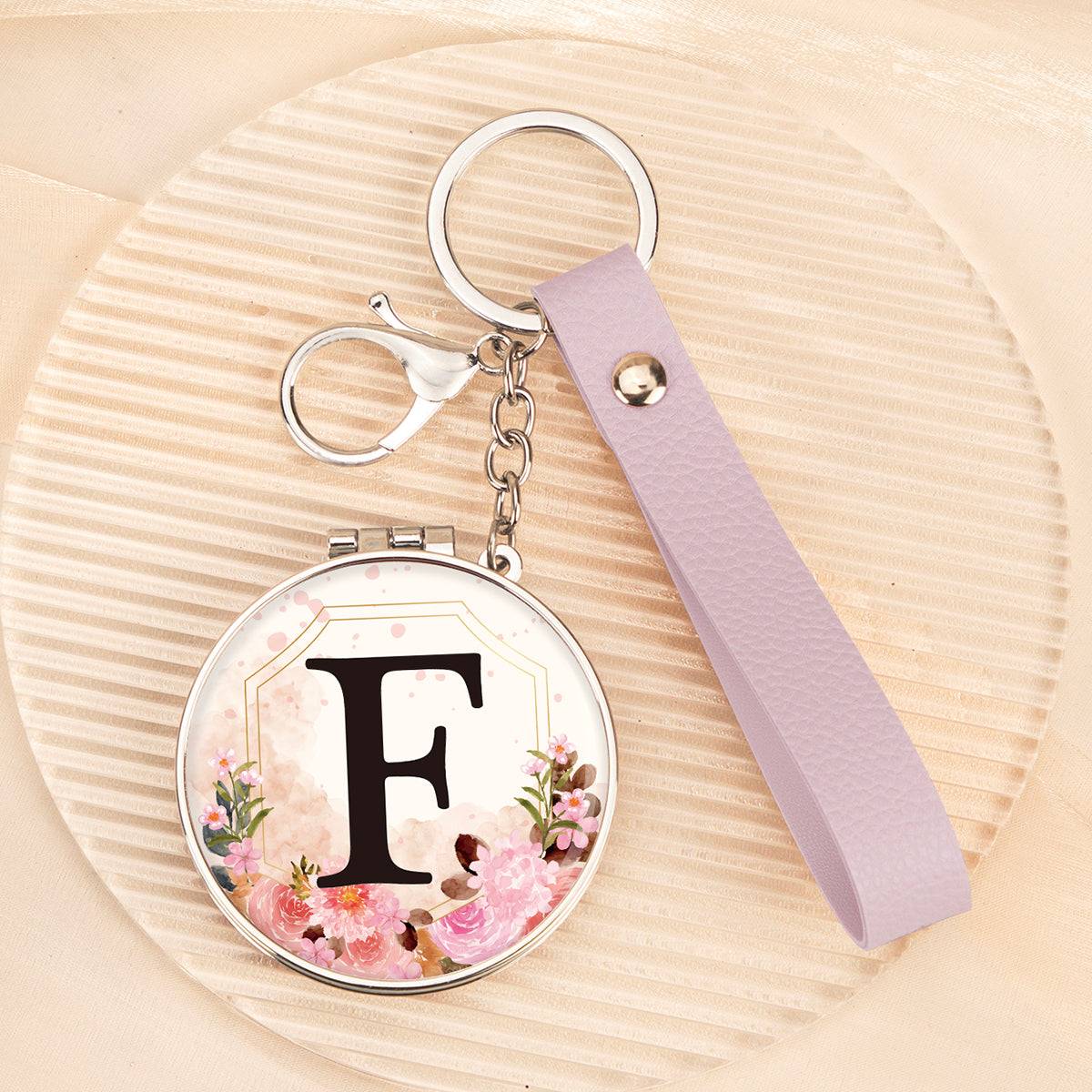 Floral initial letter F mirror keychain, original real product image
