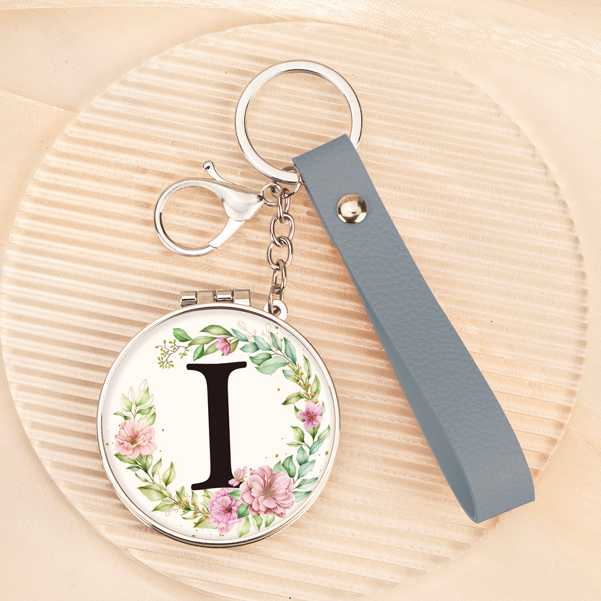 Floral initial letter I mirror keychain, original real product image