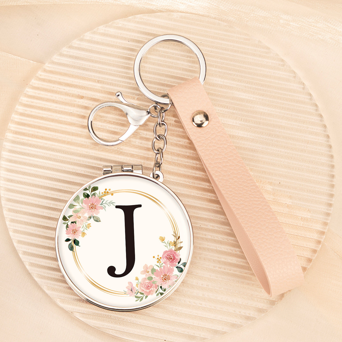 Floral initial letter J mirror keychain, original real product image