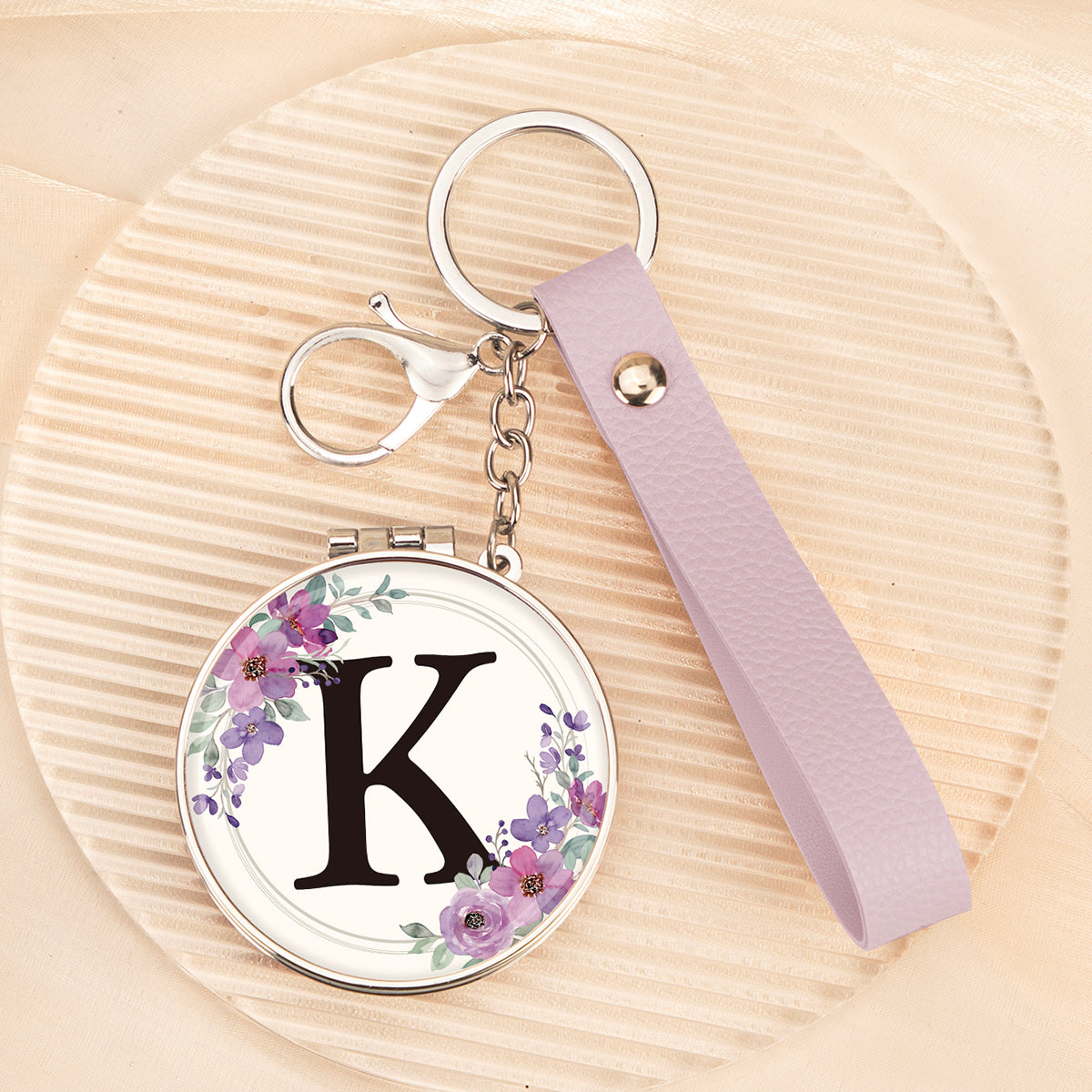Floral initial letter K mirror keychain, original real product image