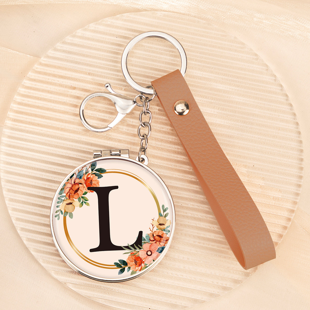 Floral initial letter L mirror keychain, original real product image