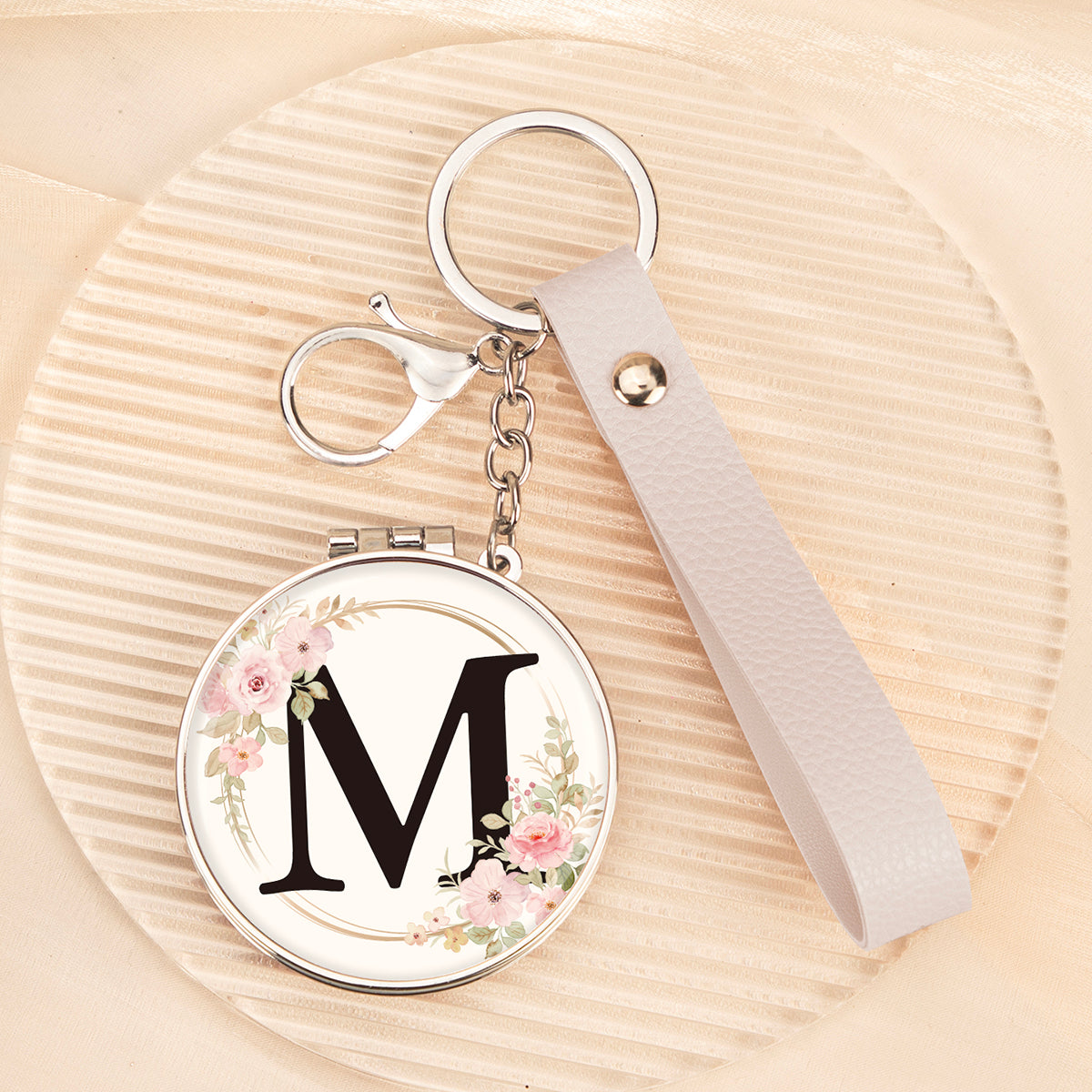 Floral initial letter M mirror keychain, original real product image