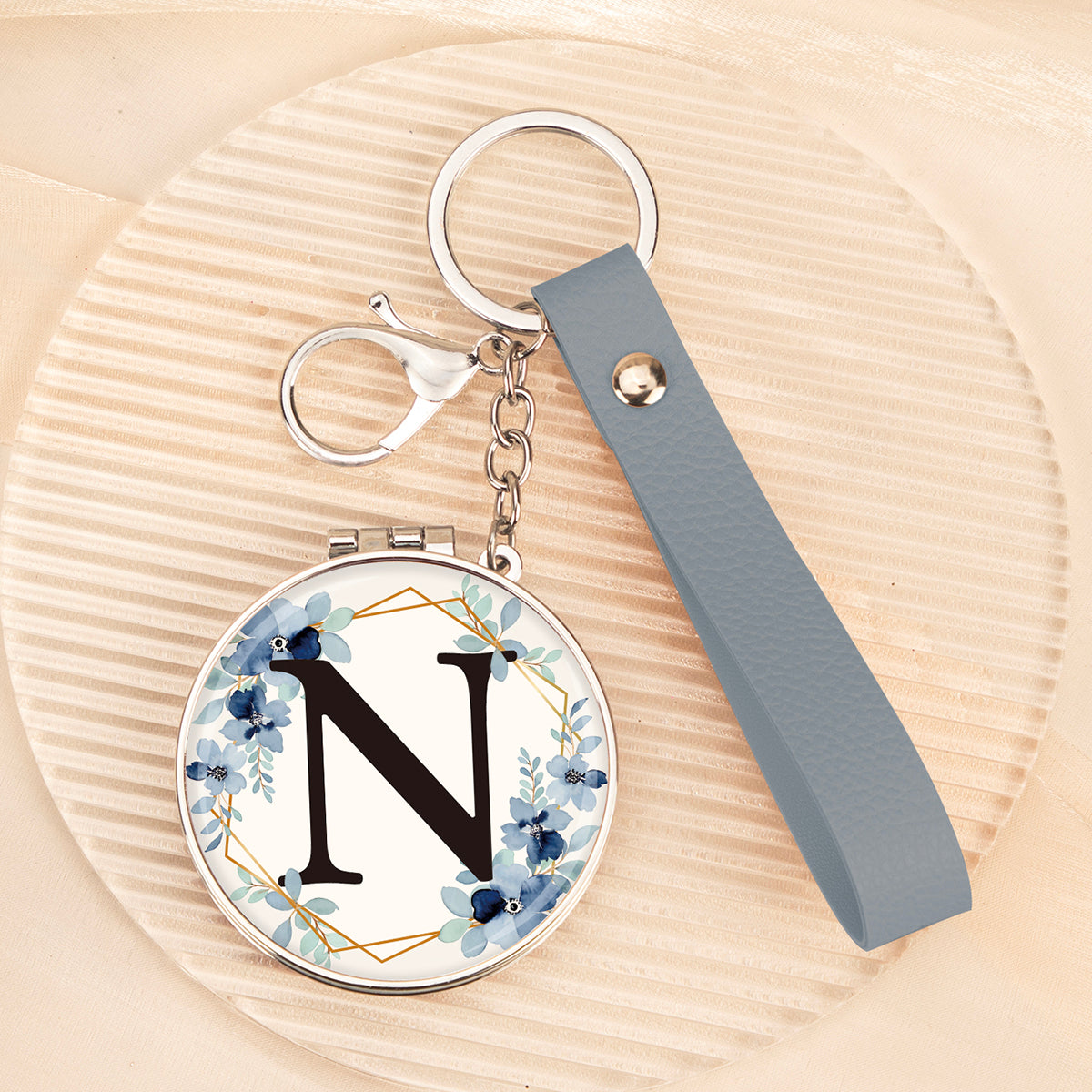 Floral initial letter N mirror keychain, original real product image