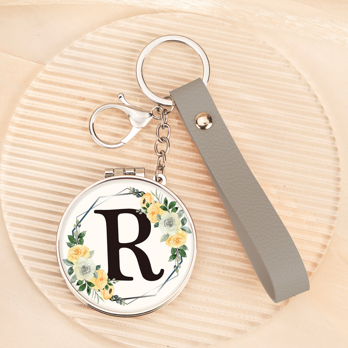 Floral initial letter R mirror keychain, original real product image