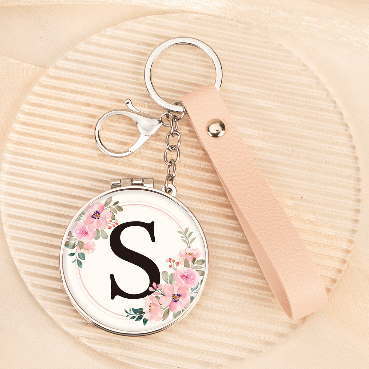 Floral initial letter S mirror keychain, original real product image