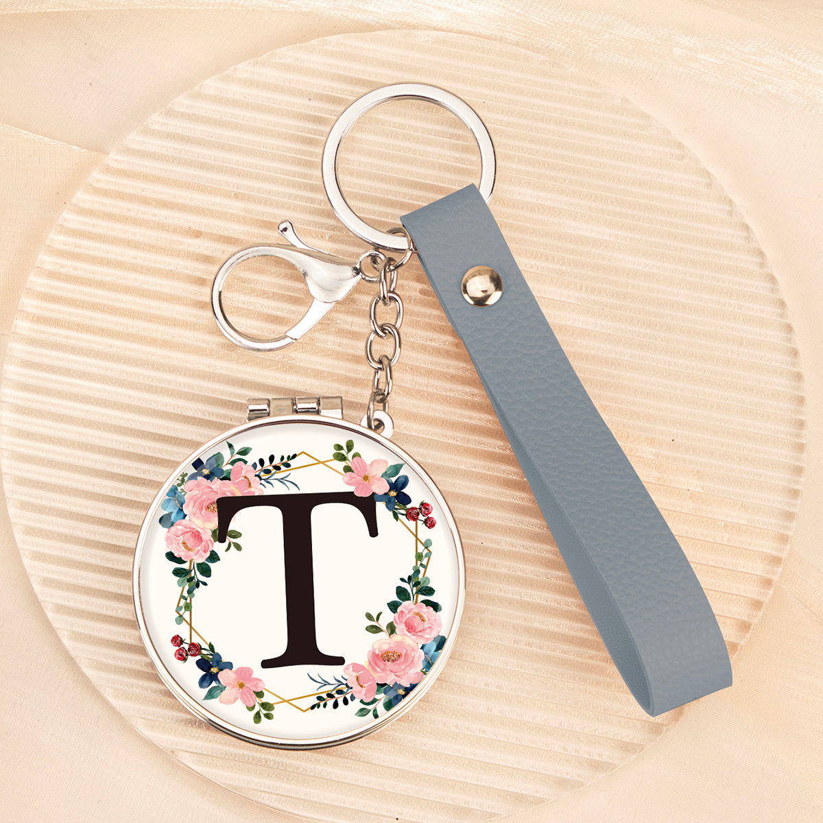 Floral initial letter T mirror keychain, original real product image