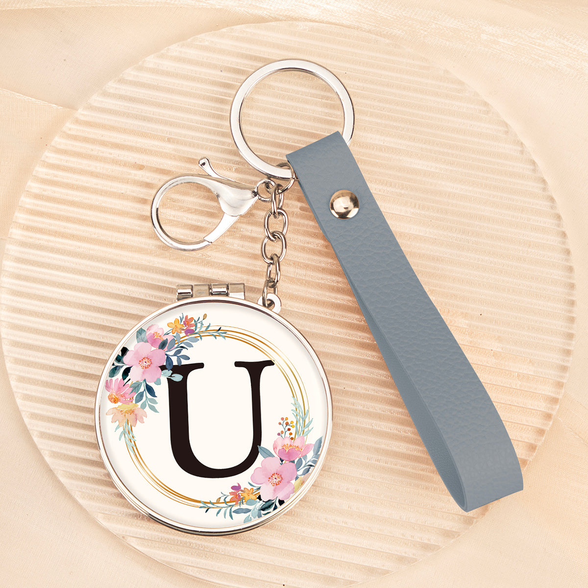 Floral initial letter U mirror keychain, original real product image