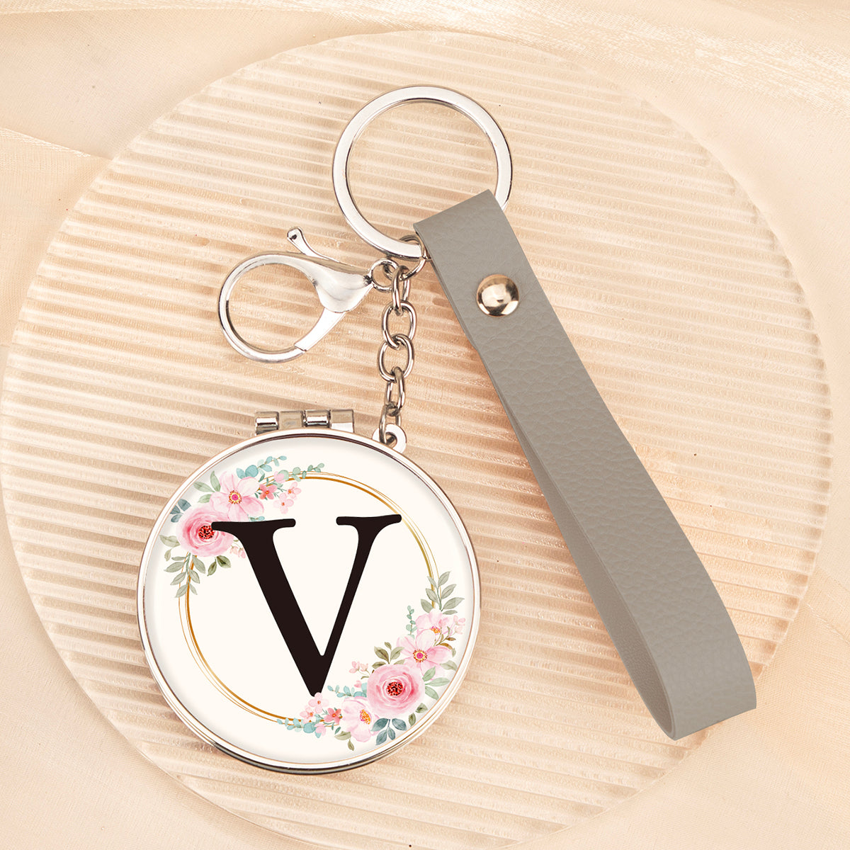Floral initial letter V mirror keychain, original real product image