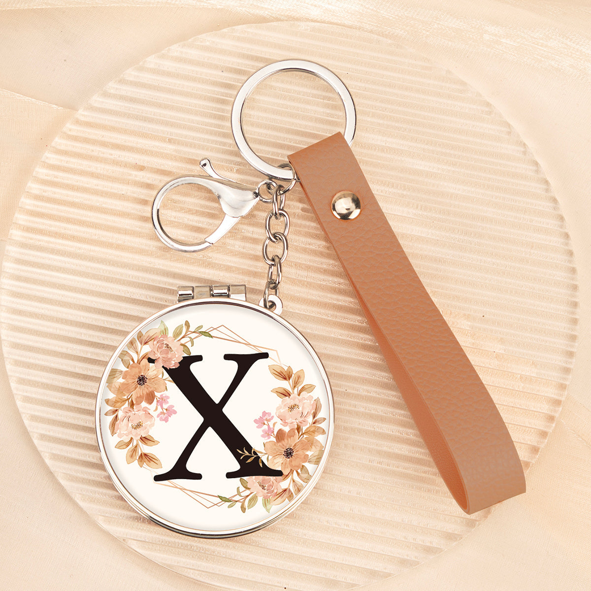 Floral initial letter X mirror keychain, original real product image