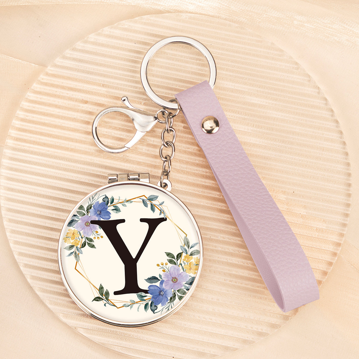 Floral initial letter Y mirror keychain, original real product image