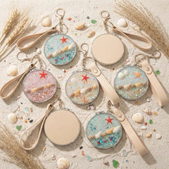 Ocean-Themed Double-Sided Folding Compact Mirror with Keychain & Wristlet - Portable 70mm Pocket Mirror with 3D Seashell & Starfish Design - Eco-Friendly HD Makeup Mirror for Women, Girls, Beach Lovers & Travel  🌊🐚