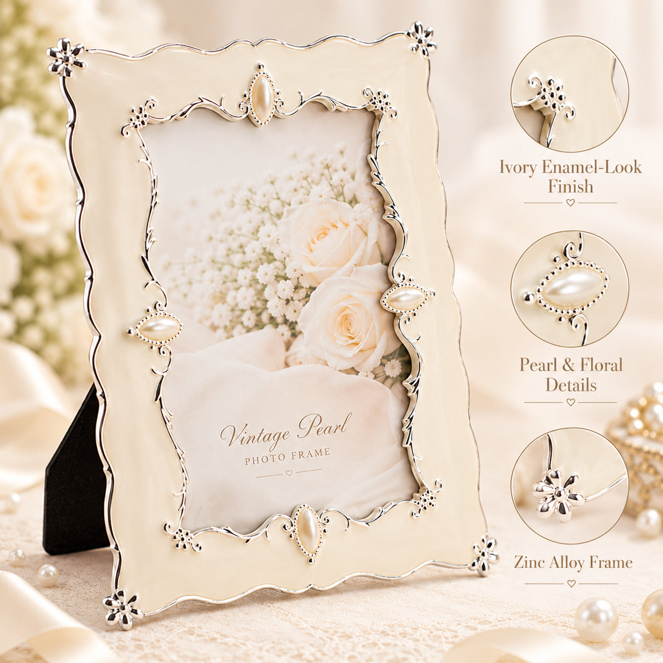 Ivory enamel-look zinc alloy photo frame with pearl and floral details