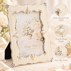 Ivory enamel-look zinc alloy photo frame with pearl and floral details