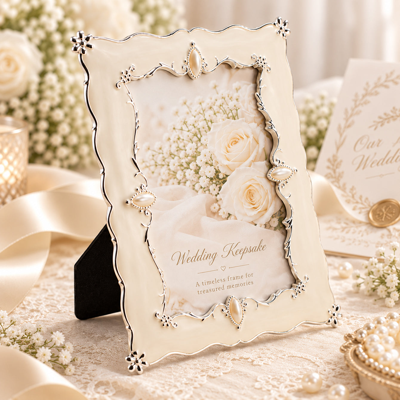 Vintage pearl photo frame styled as a wedding keepsake