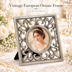 Vintage European ornate zinc alloy photo frame in antique silver with 3 inch round bridal portrait
