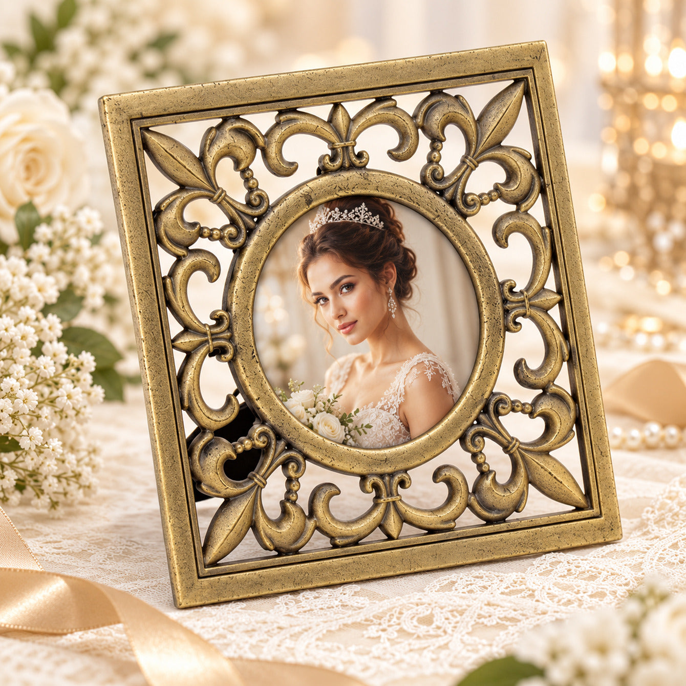 Vintage European ornate zinc alloy photo frame in antique brass with 3 inch round bridal portrait