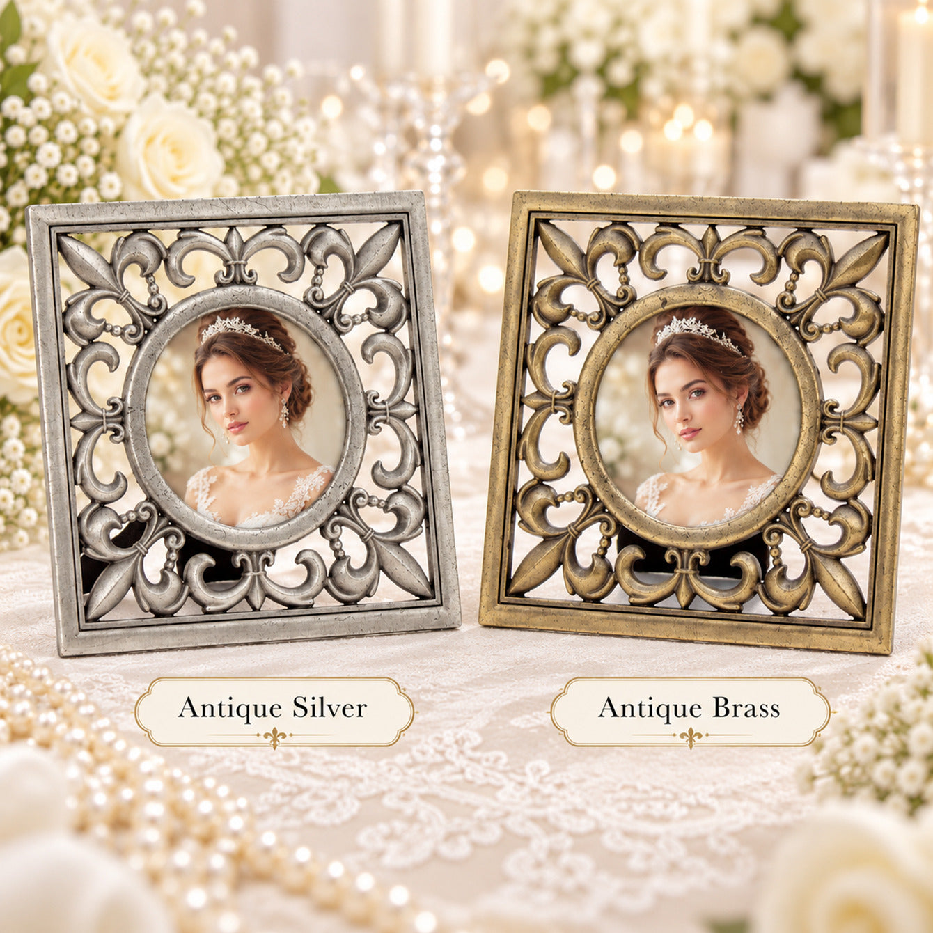 Antique silver and antique brass color options for HQ070025-33 ornate photo frame