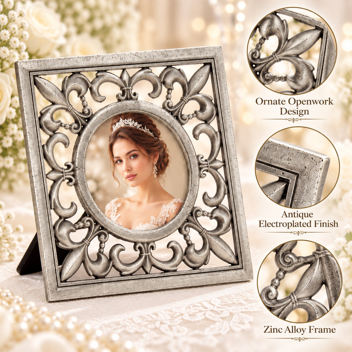 Openwork fleur-de-lis details antique electroplated finish and zinc alloy construction