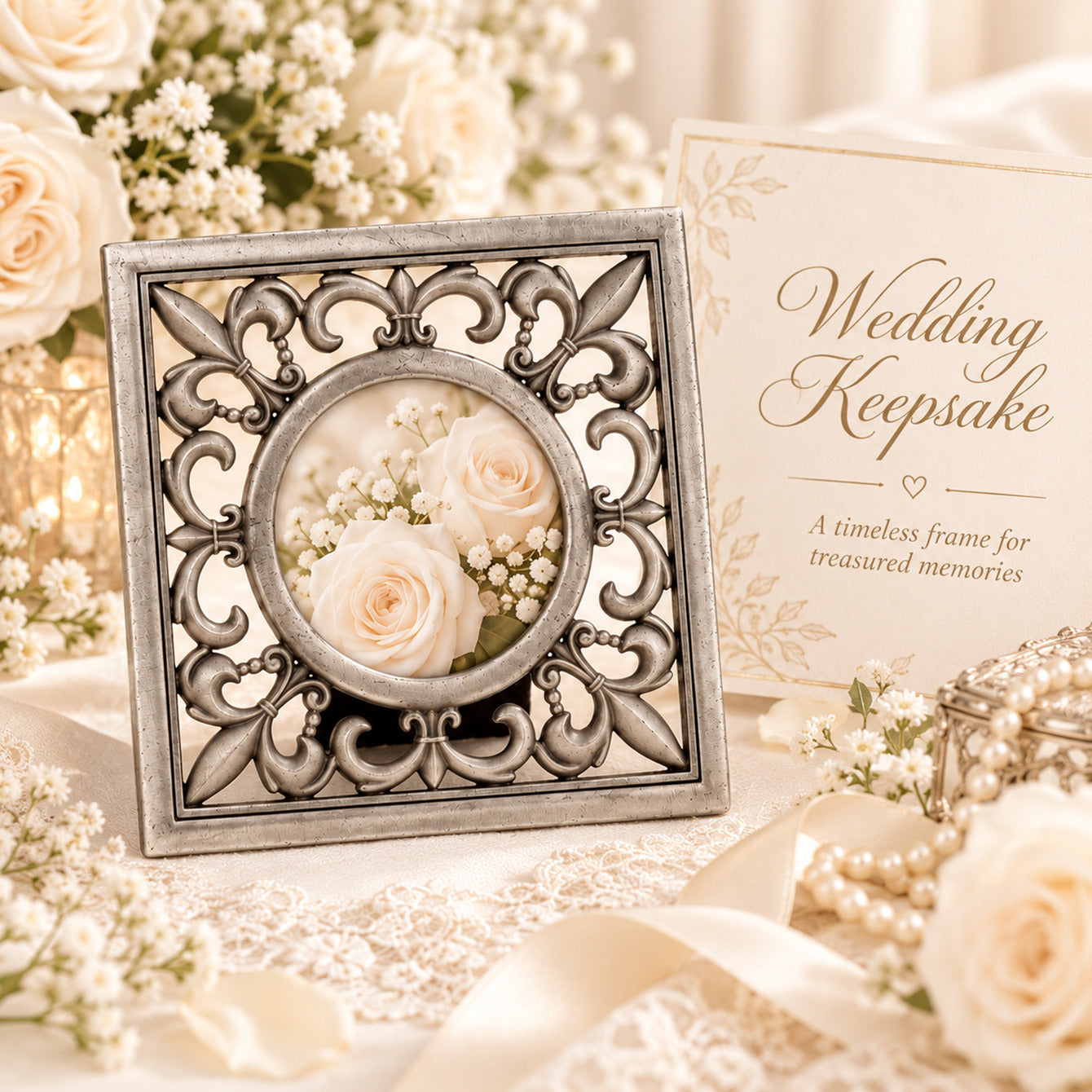 Vintage antique silver wedding keepsake photo frame in elegant bridal setting
