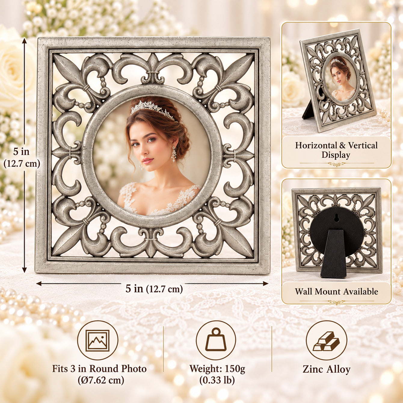 HQ070025-33 photo frame dimensions 5 by 5 inch 3 inch round photo 150g