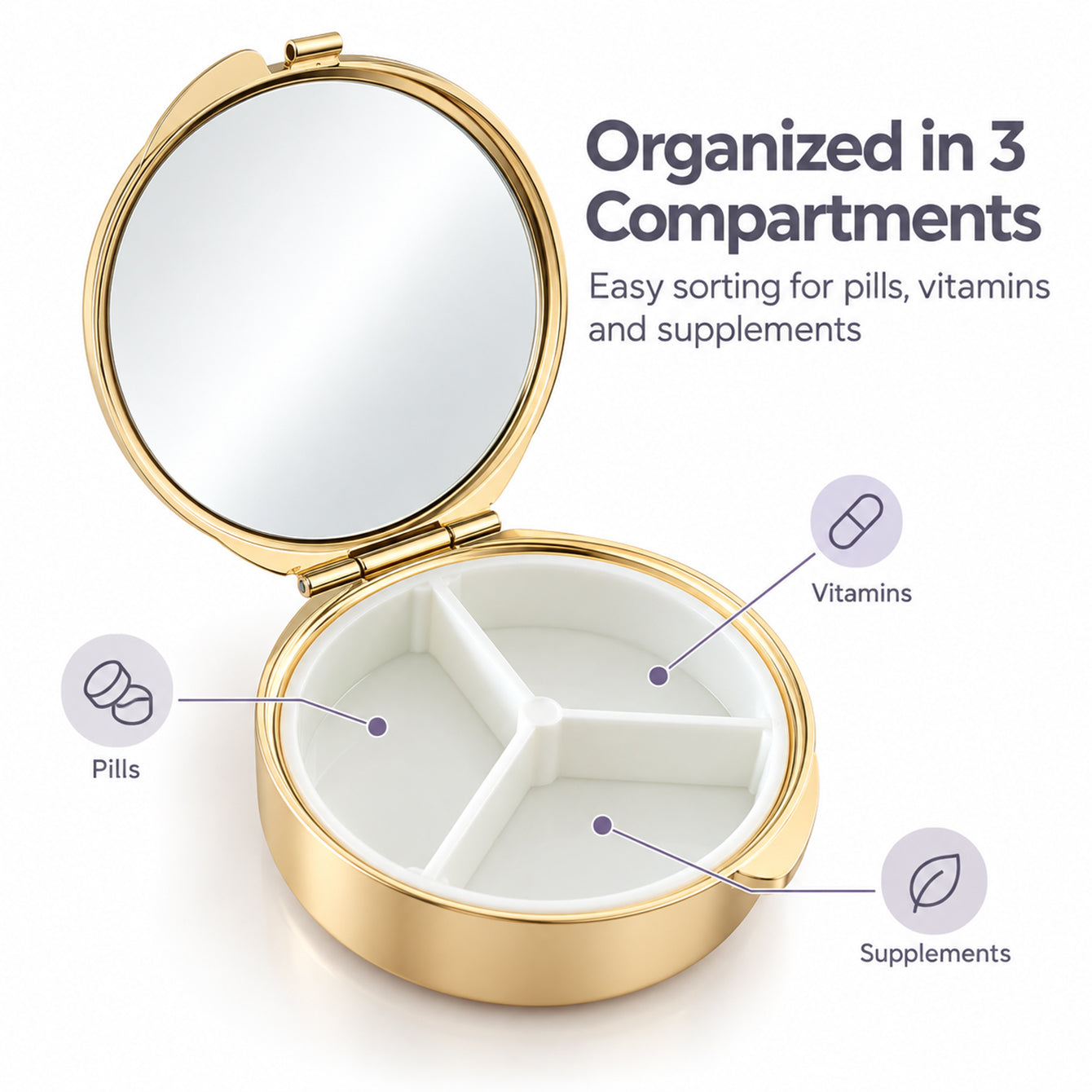 3 compartment pill organizer with mirror detail