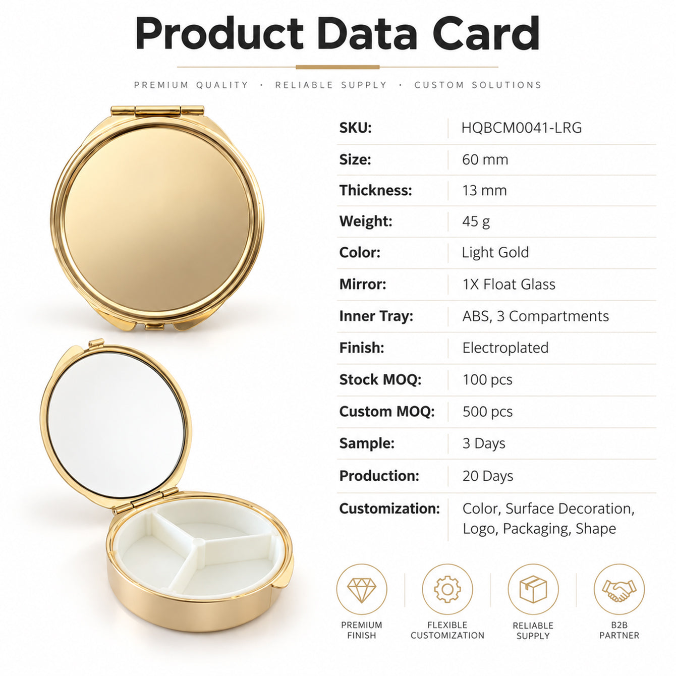 B2B product data card for 60mm DIY blank pill box with mirror