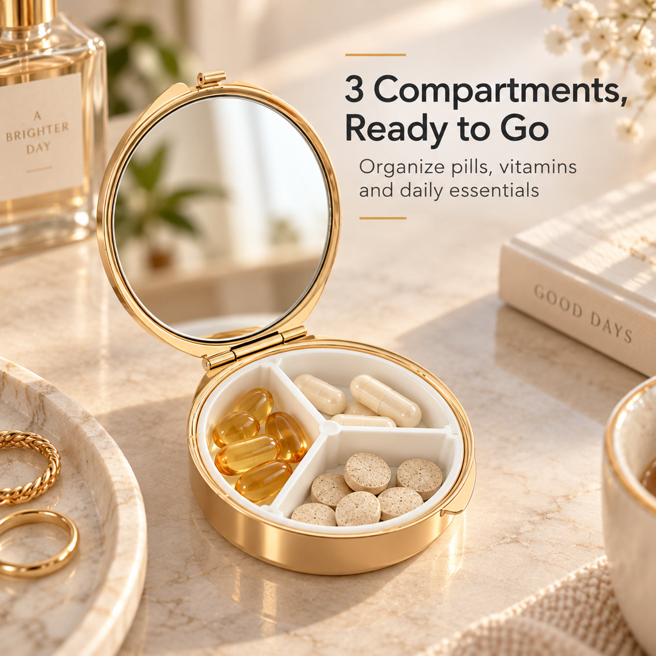 Instagram travel lifestyle image for compact pill box with mirror