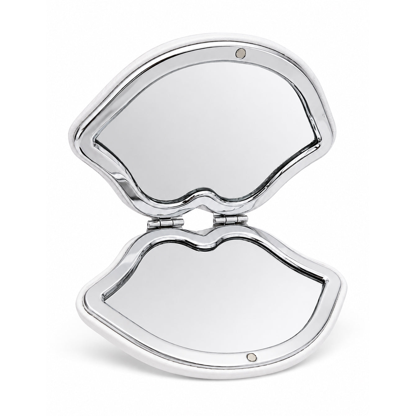 Open white blank lip-shaped PU leather compact mirror with double-sided 1X 2X mirrors