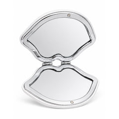Open white blank lip-shaped PU leather compact mirror with double-sided 1X 2X mirrors