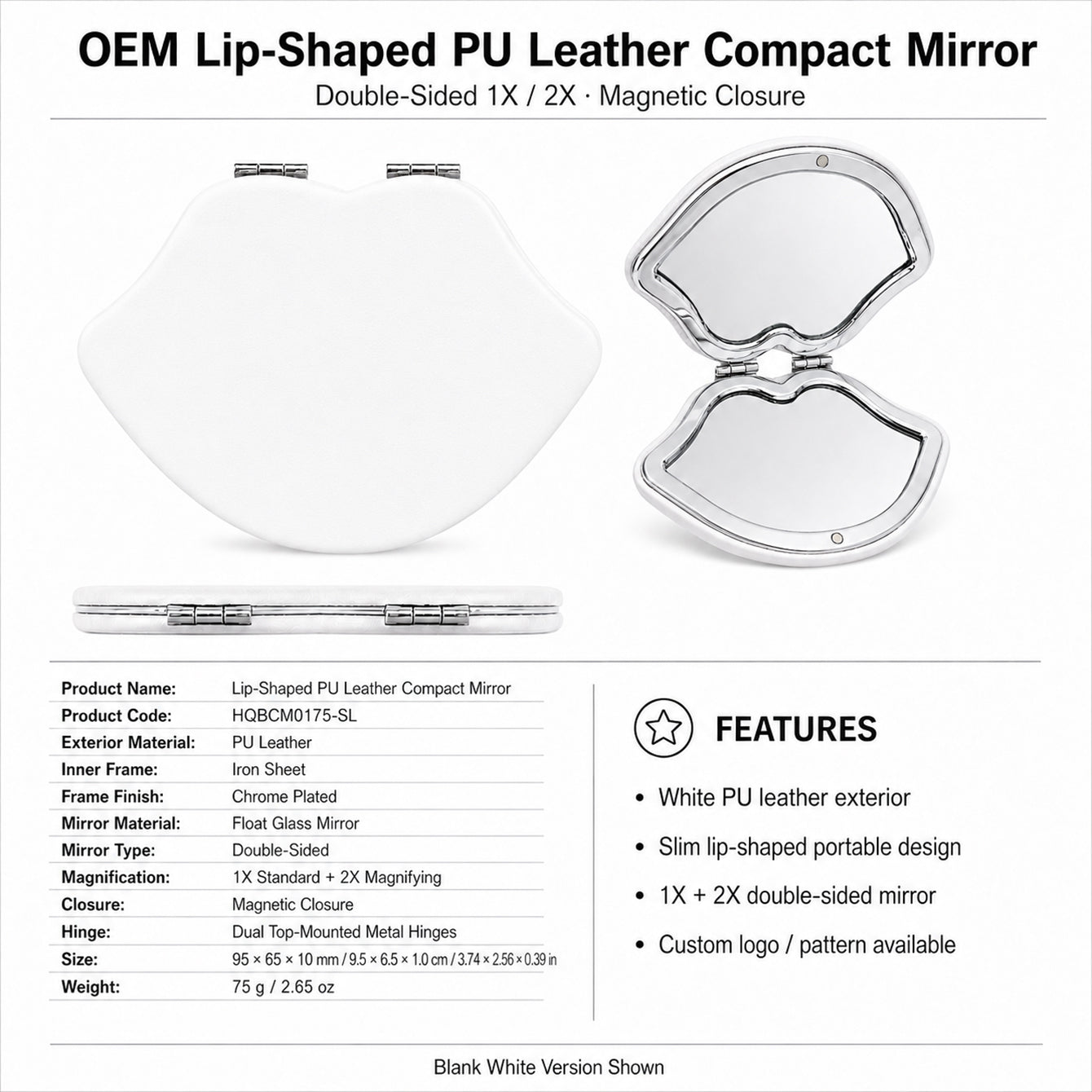 OEM blank lip-shaped PU leather compact mirror specifications 95 x 65 x 10 mm 1X 2X