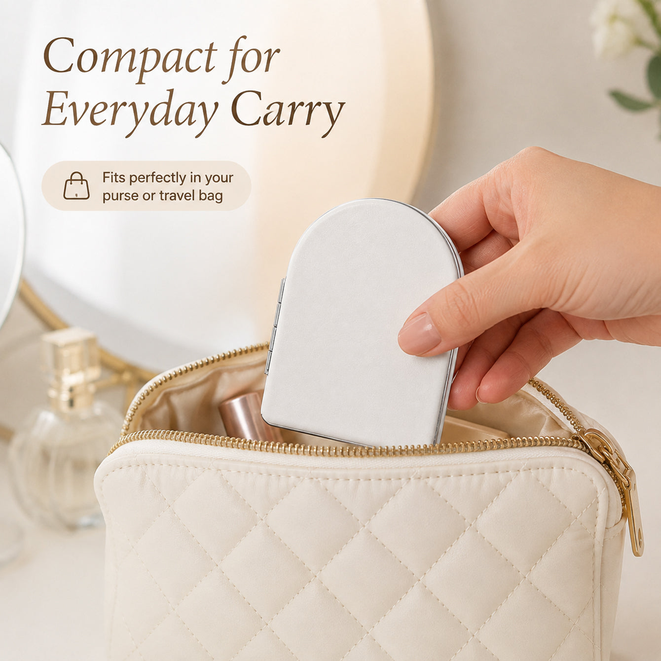 Compact white PU leather mirror travel bag portability image
