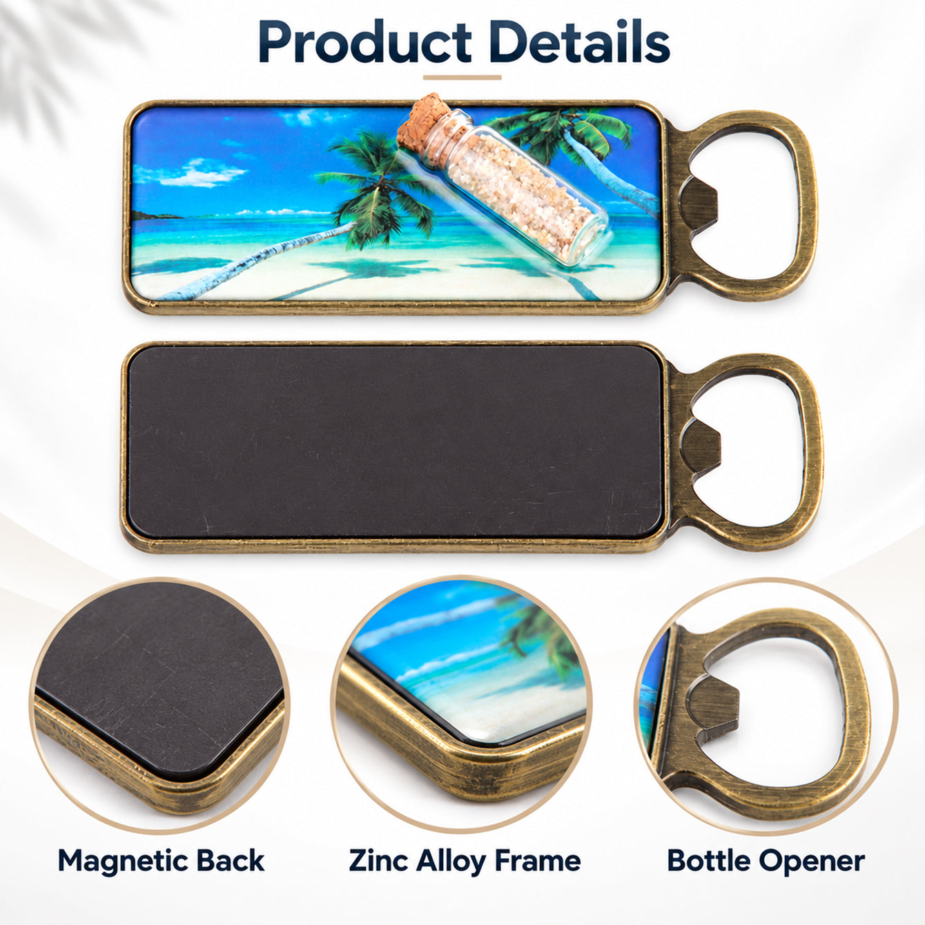 Zinc alloy fridge magnet bottle opener product details showing magnetic back and bottle opener