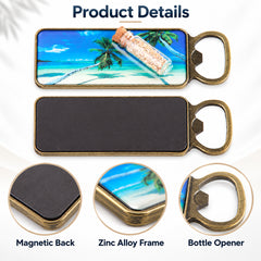Zinc alloy fridge magnet bottle opener product details showing magnetic back and bottle opener
