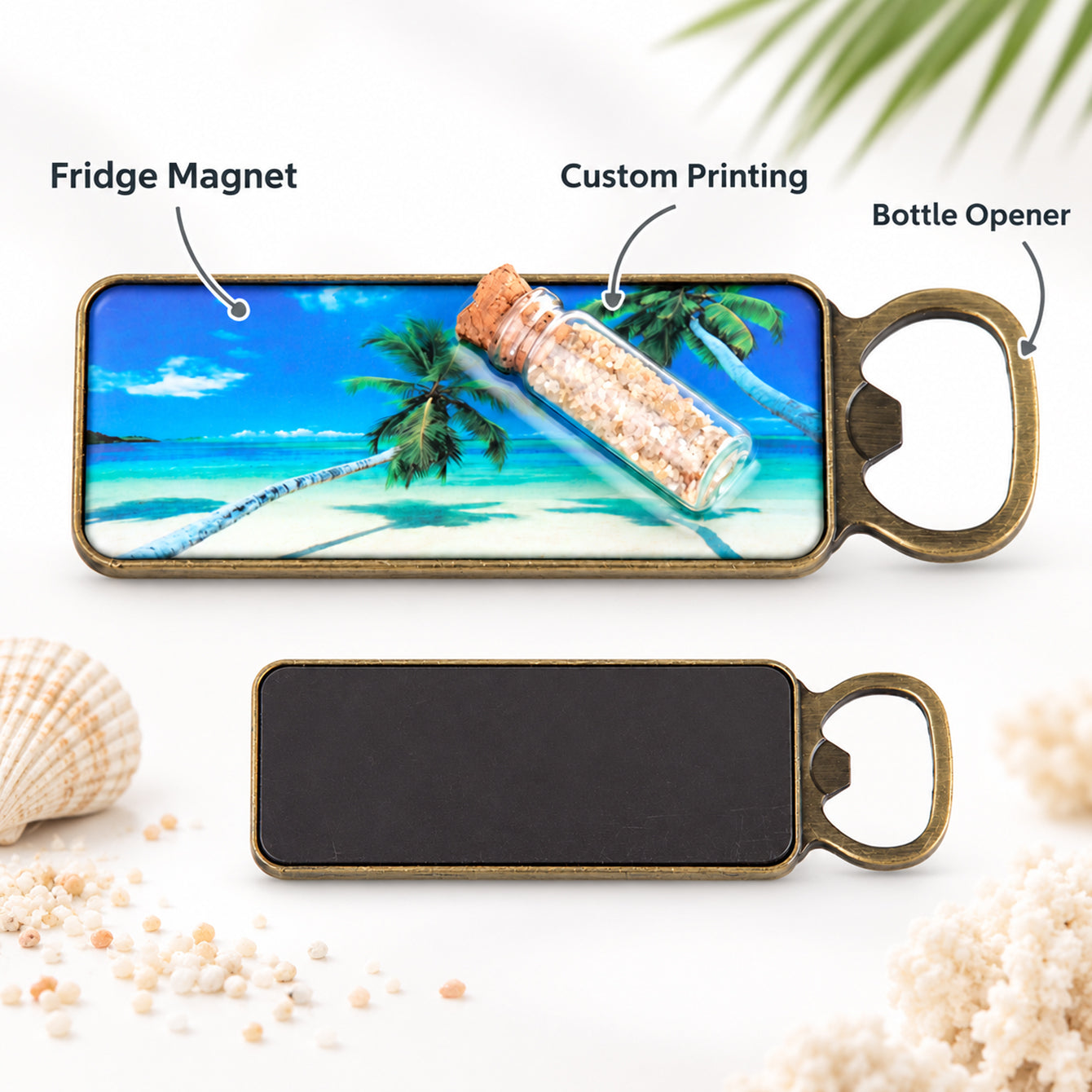 Fridge magnet bottle opener key features with custom printing and magnetic back