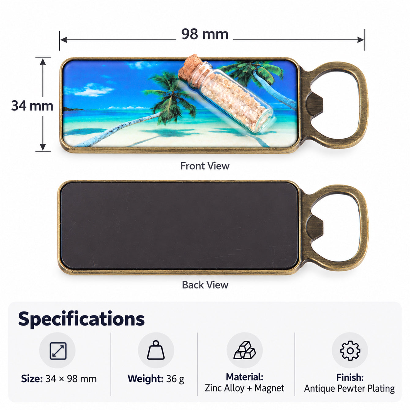 HQFM170227 size 34 x 98 mm weight 36 g zinc alloy fridge magnet bottle opener specifications