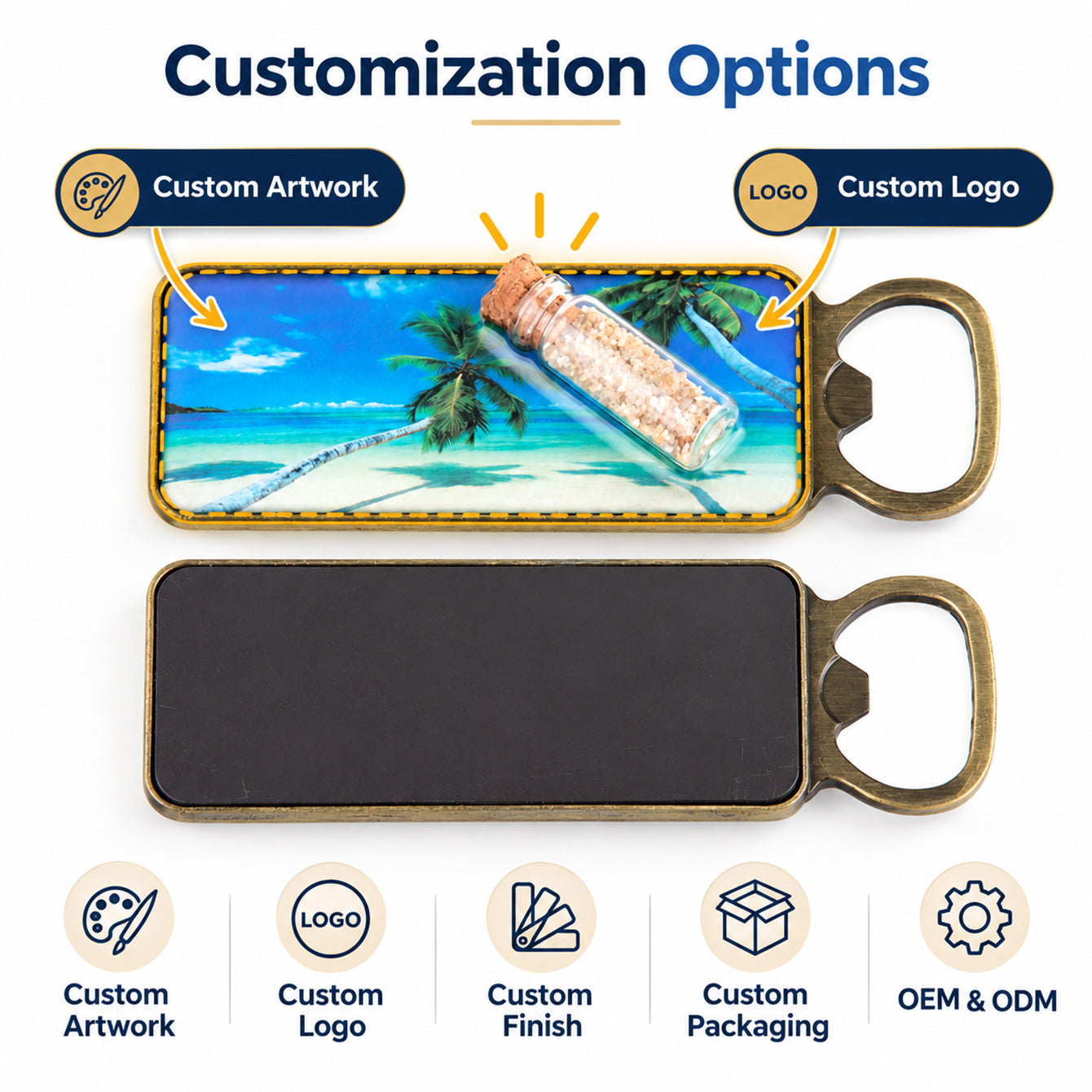 Custom logo artwork finish and packaging options for zinc alloy fridge magnet bottle opener
