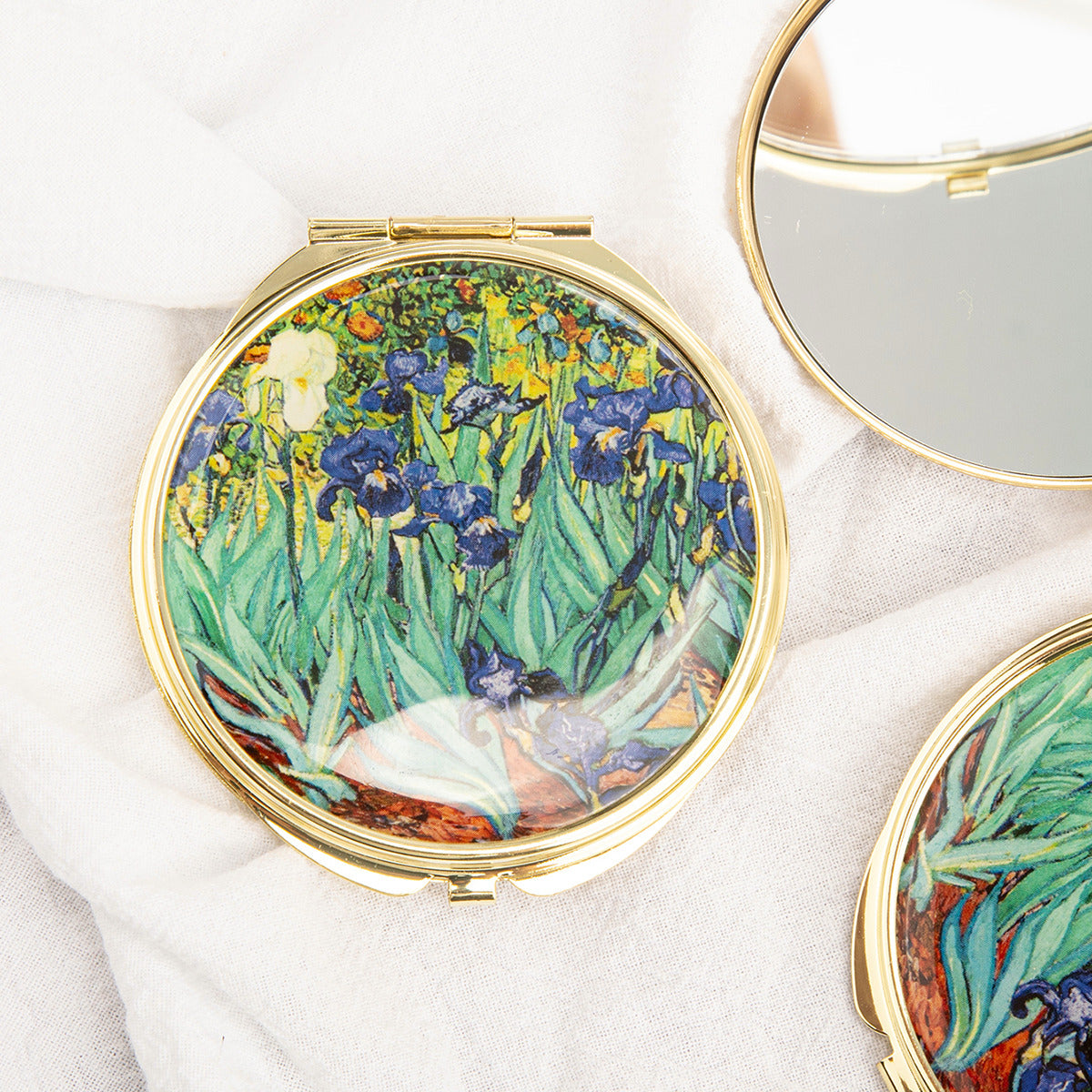 Gold folding compact mirror with iris painting