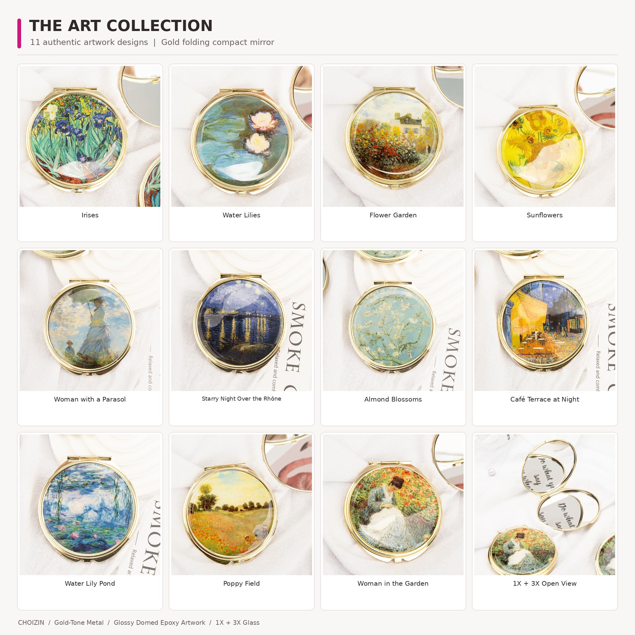 CHOIZIN gold folding mirror art series: all 11 authentic photographed domed-epoxy artwork covers and original open 1X + 3X mirror photo