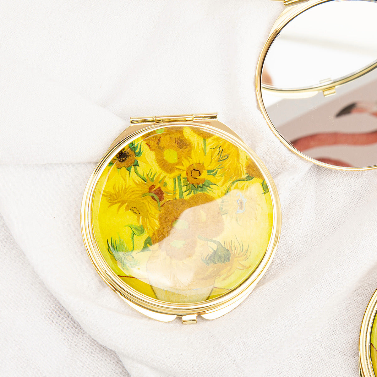 Gold folding compact mirror with sunflower painting