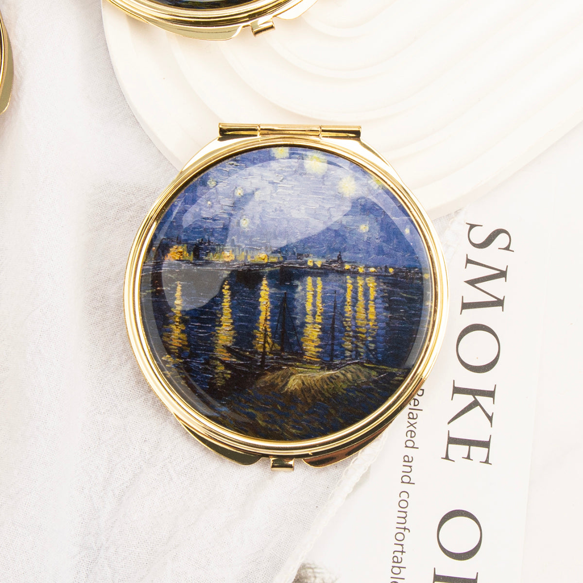 Gold folding compact mirror with starry river painting