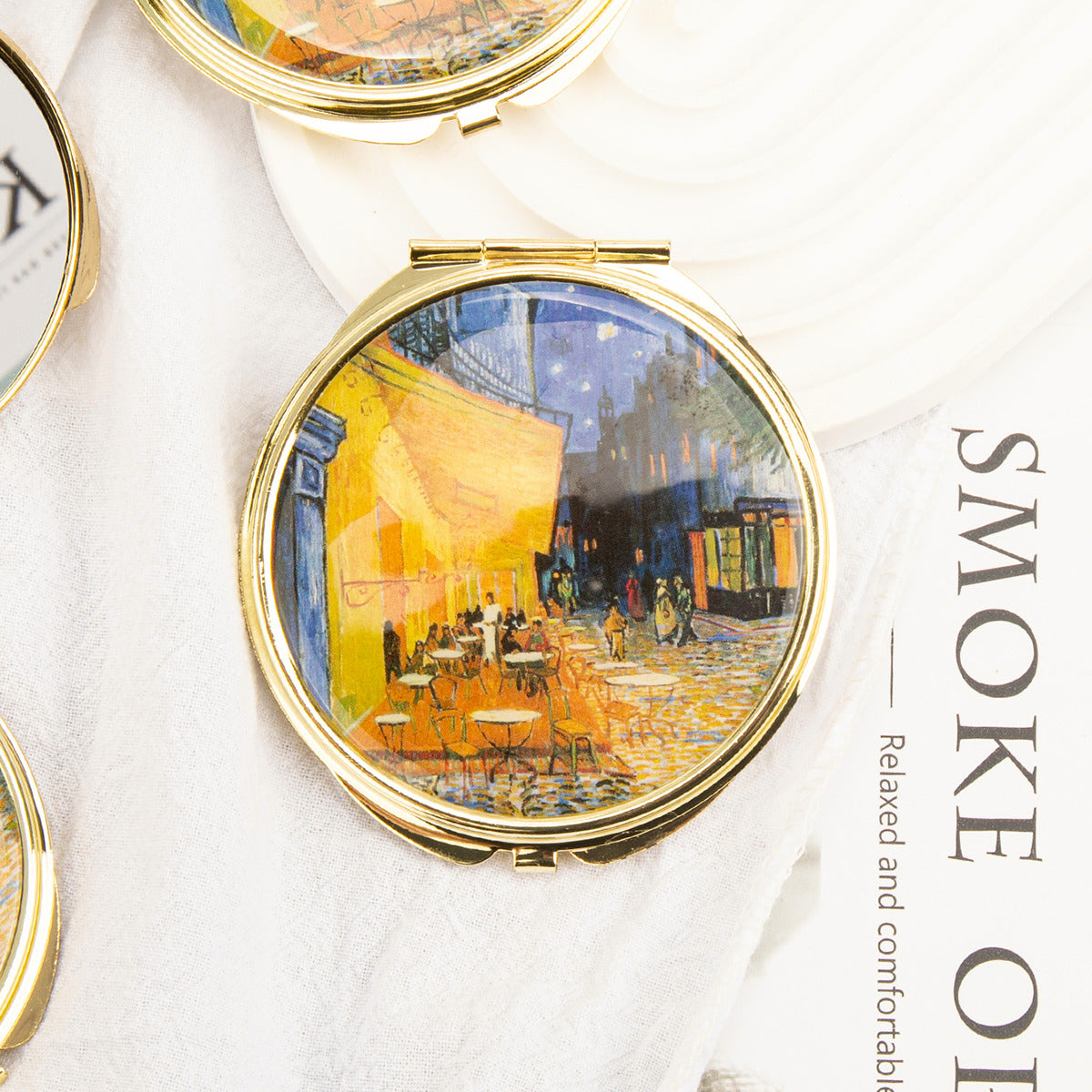 Gold folding compact mirror with night cafe painting