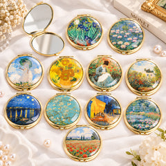 CHOIZIN vintage art gold compact mirror collection featuring 11 glossy domed painting designs and open double-sided folding mirror, 1X and 3X