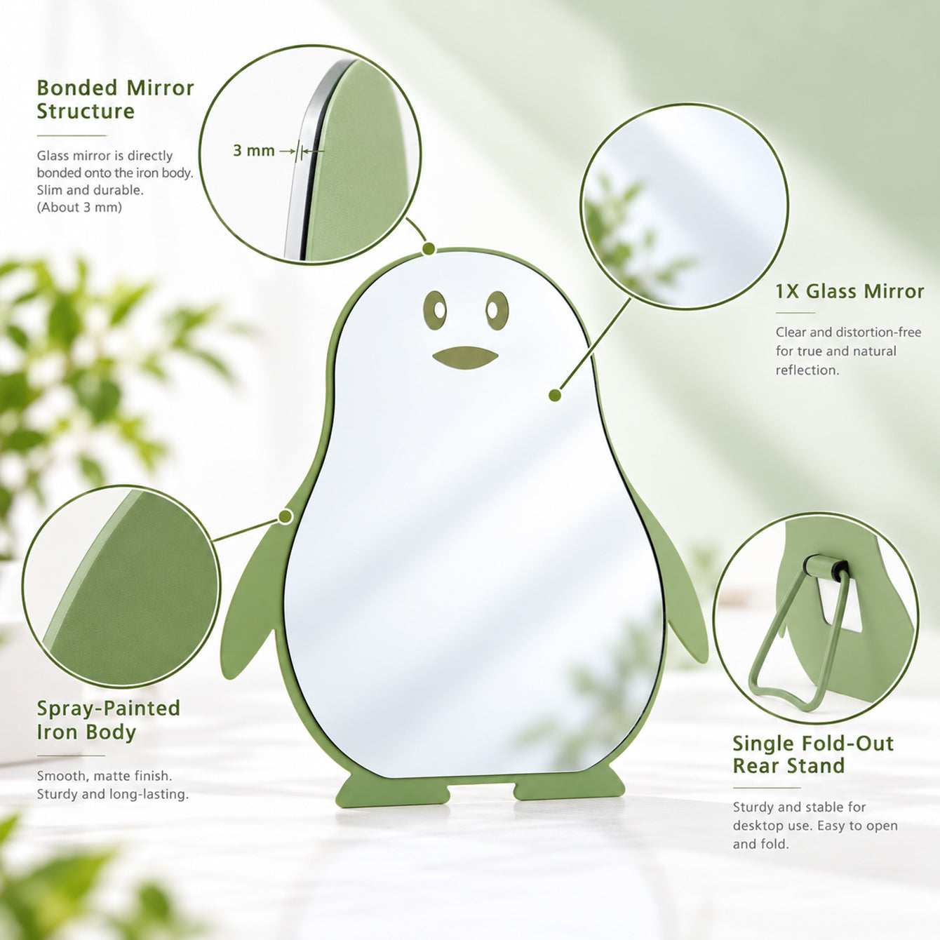 Penguin mirror bonded glass, iron body and fold-out stand details