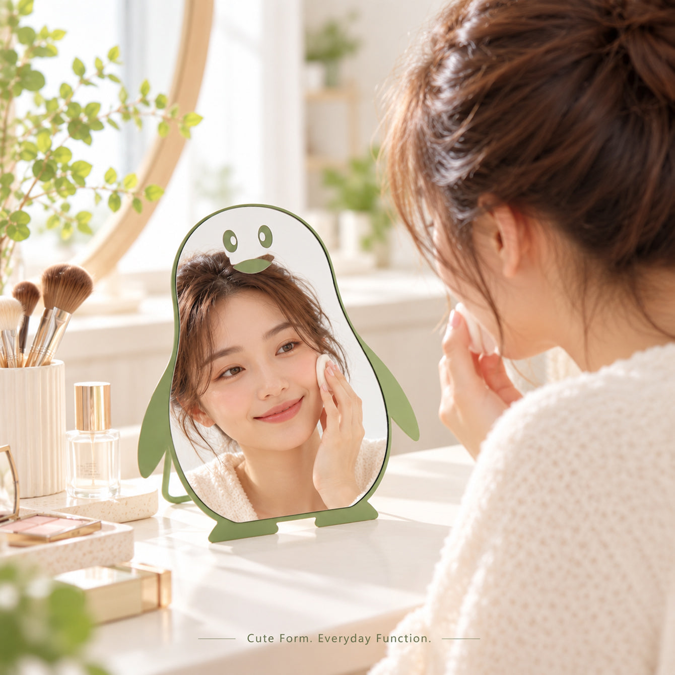 Woman using green penguin tabletop mirror for makeup
