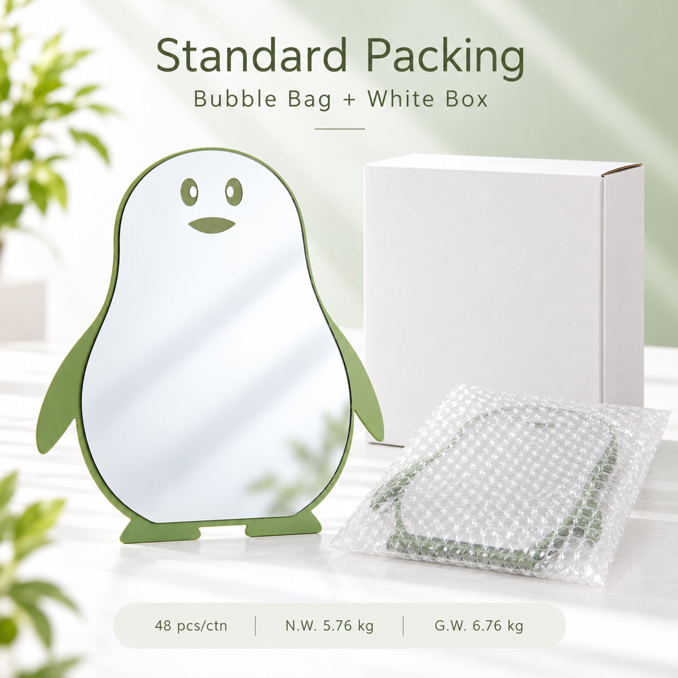 Penguin tabletop mirror standard bubble bag and white box packaging