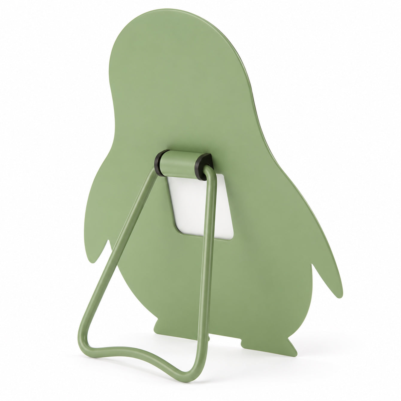 Back view of green penguin tabletop mirror with single fold-out stand