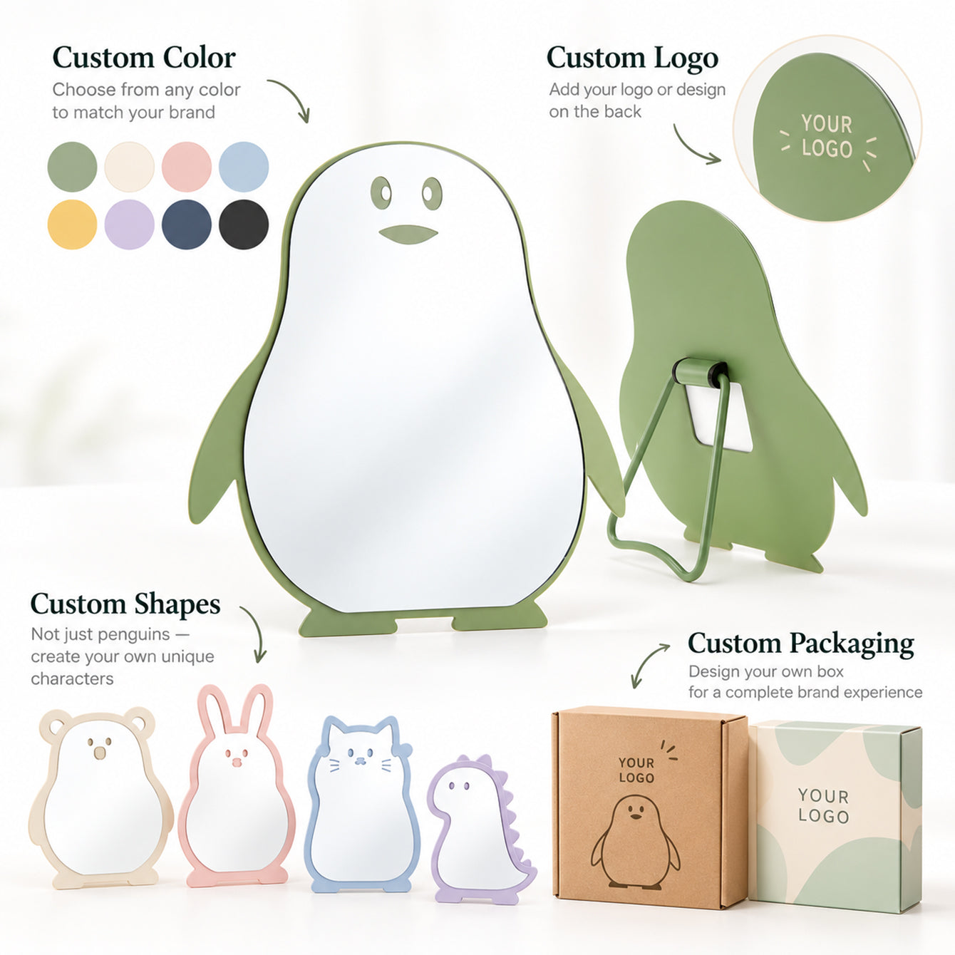 Penguin mirror custom color logo shape and packaging options